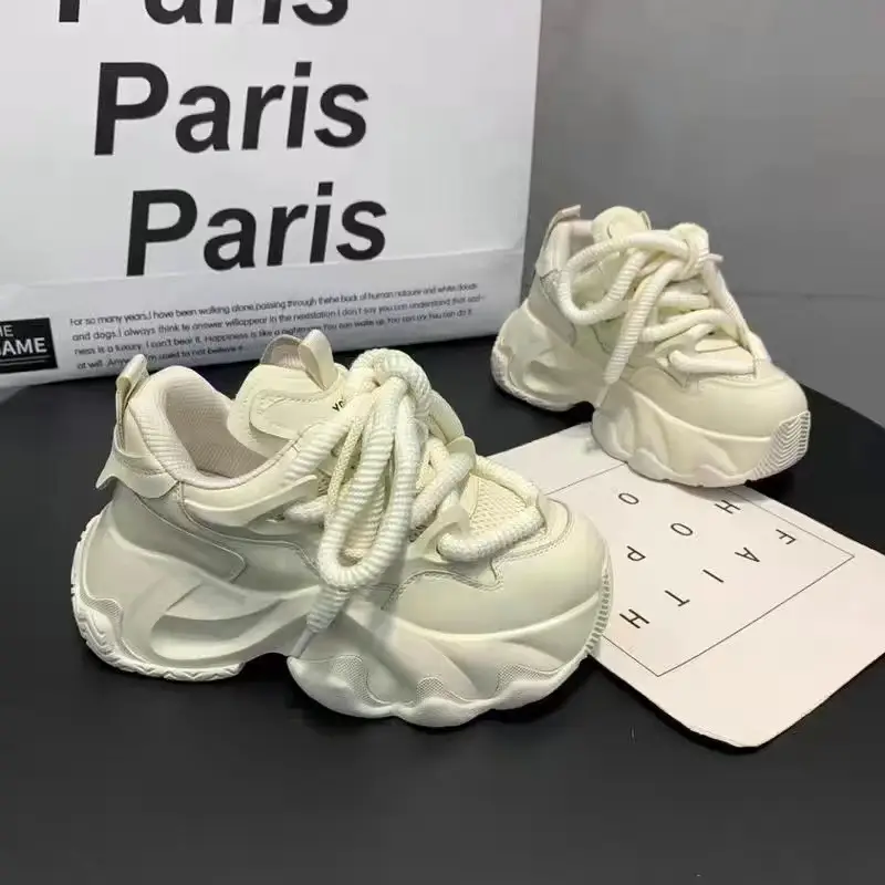 Women's Cream Thick Heel Sneakers 2024 Spring Lightweight Breathable - Image 2