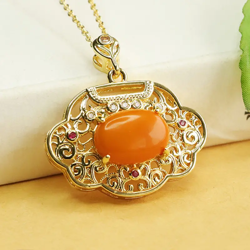 Aiyu Natural Amber Pendant Necklace Vintage Gold - Image 5