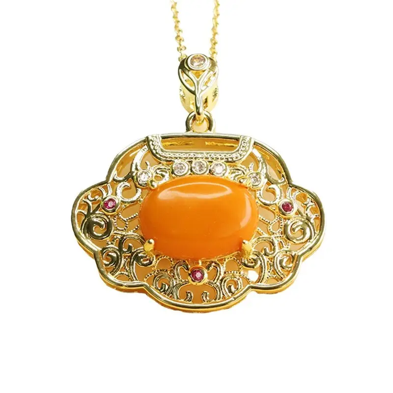 Aiyu Natural Amber Pendant Necklace Vintage Gold - Image 6
