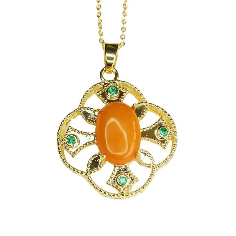 Aiyu Natural Amber Pendant Necklace with Emerald Accents