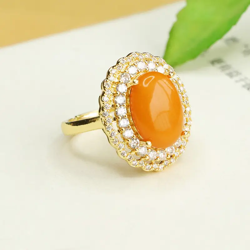 Aiyu Natural Amber Ring Gold Plated Old Honey Wax Style