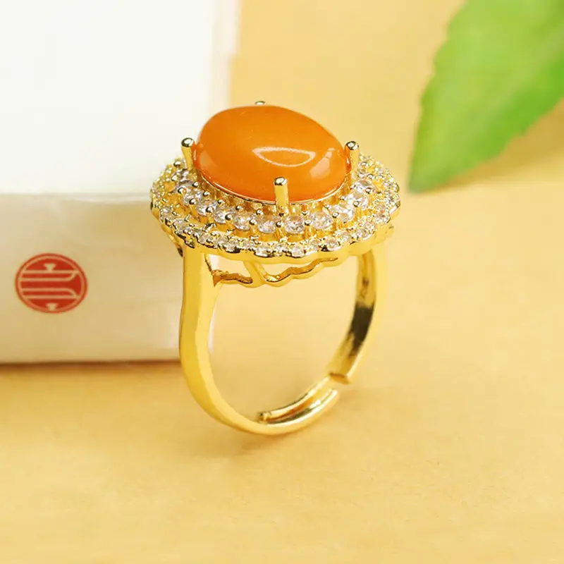 Aiyu Natural Amber Ring Gold Plated Old Honey Wax Style