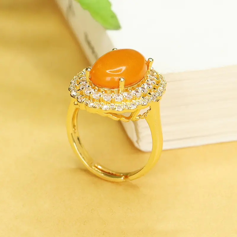 Aiyu Natural Amber Ring Gold Plated Old Honey Wax Style