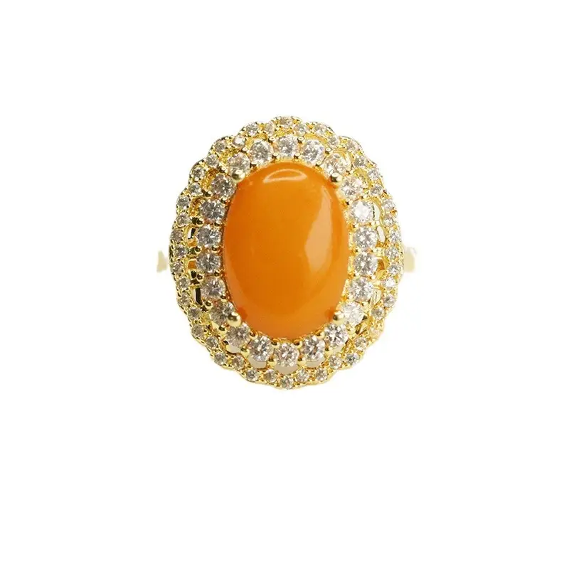 Aiyu Natural Amber Ring Gold Plated Old Honey Wax Style