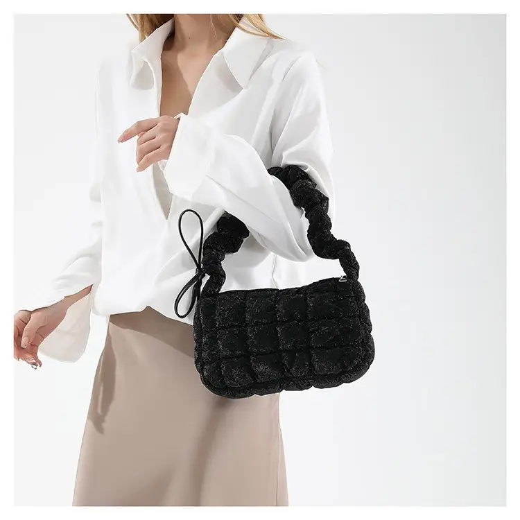 Women's Black Cotton Padded Shoulder Bag 2024 New Arrival - Image 7