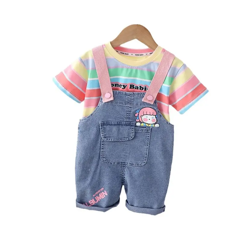 2024 Summer Boys Girls Denim Overalls T-Shirt Set - Image 8