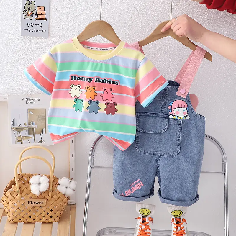 2024 Summer Boys Girls Denim Overalls T-Shirt Set - Image 3