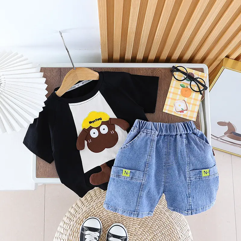 2024 Boys Cotton T-Shirt Suit Green Denim Shorts Korean Cartoon - Image 5