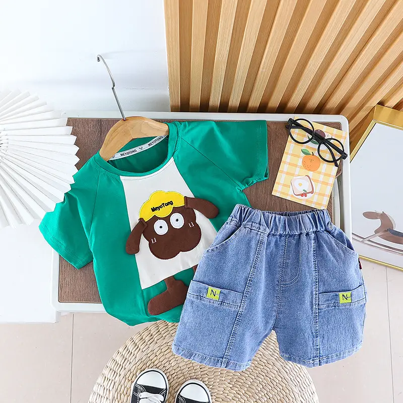 2024 Boys Cotton T-Shirt Suit Green Denim Shorts Korean Cartoon - Image 6