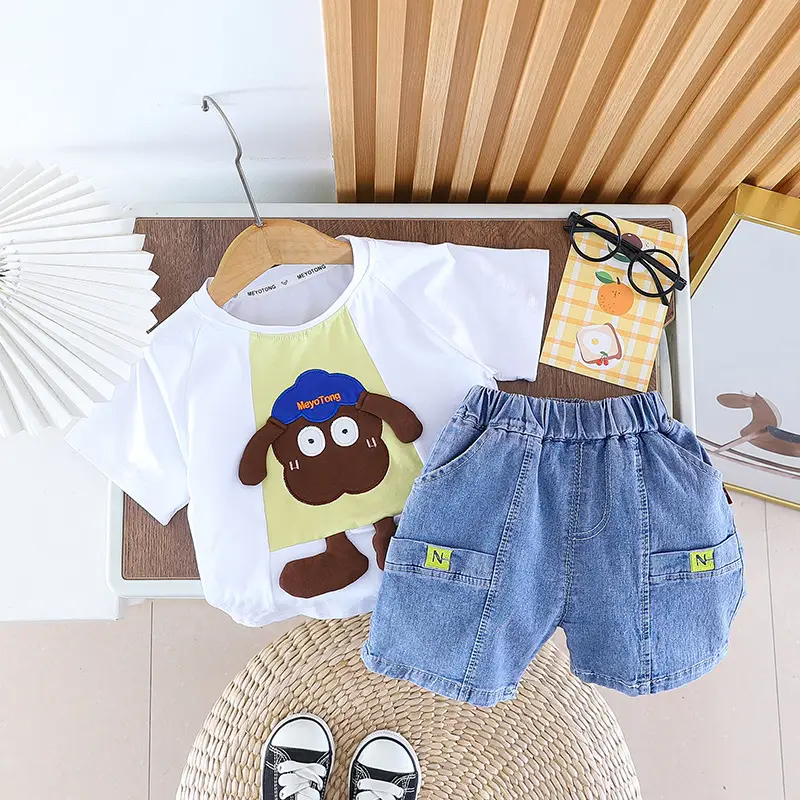 2024 Boys Cotton T-Shirt Suit Green Denim Shorts Korean Cartoon - Image 7