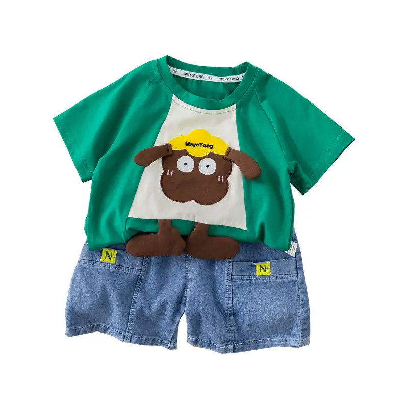 2024 Boys Cotton T-Shirt Suit Green Denim Shorts Korean Cartoon - Image 8