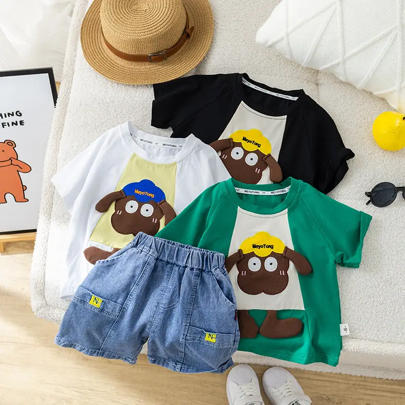 2024 Boys Cotton T-Shirt Suit Green Denim Shorts Korean Cartoon — feature 2