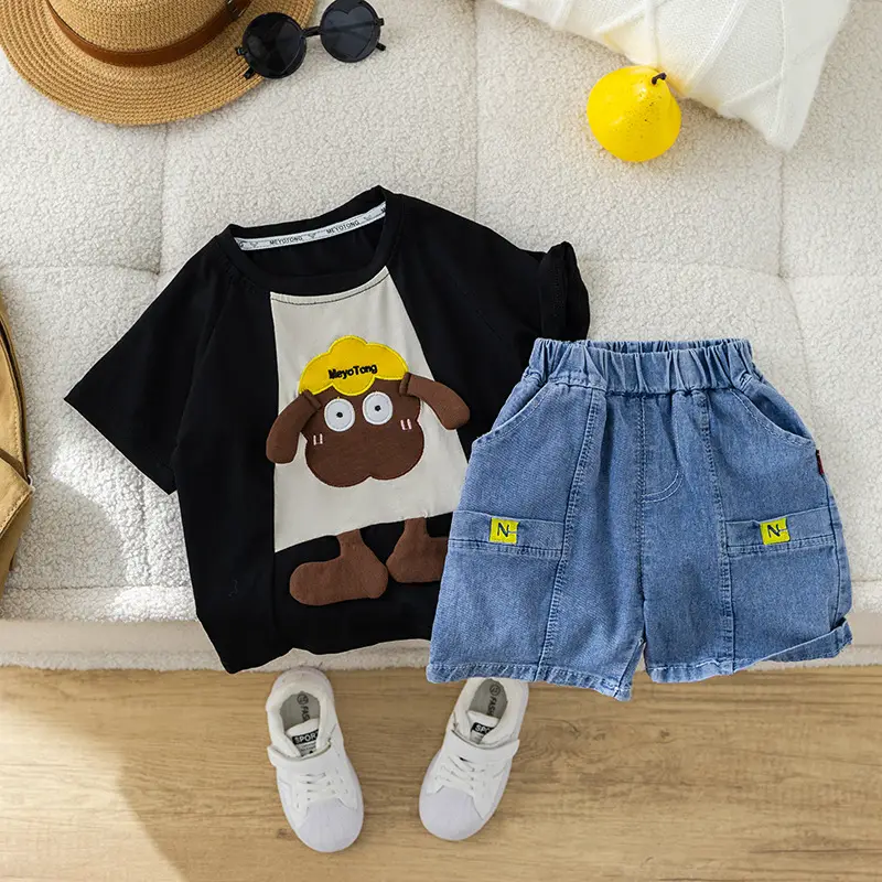 2024 Boys Cotton T-Shirt Suit Green Denim Shorts Korean Cartoon — feature 7