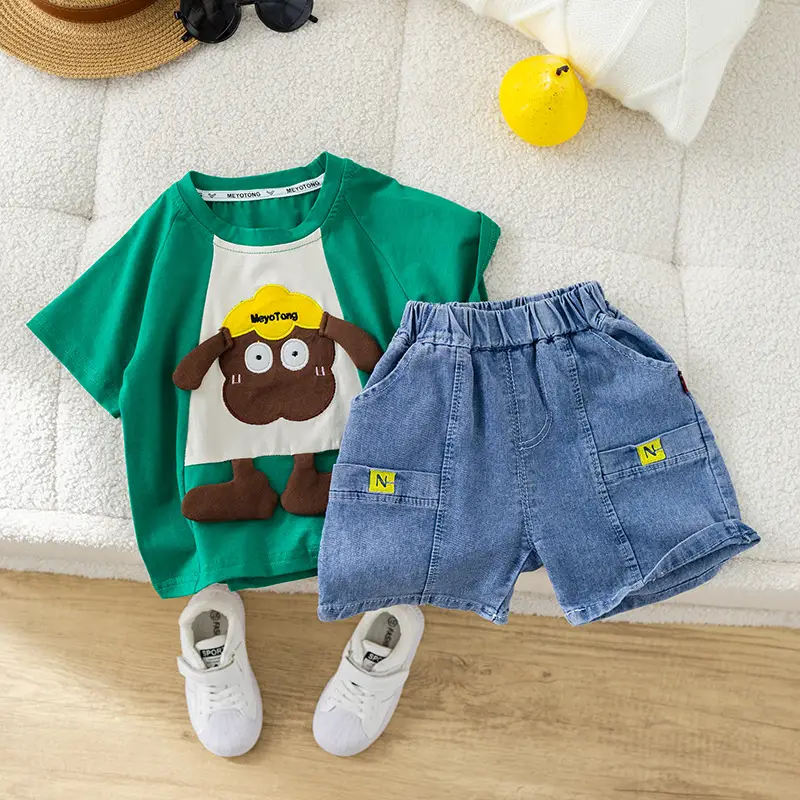 2024 Boys Cotton T-Shirt Suit Green Denim Shorts Korean Cartoon — feature 9