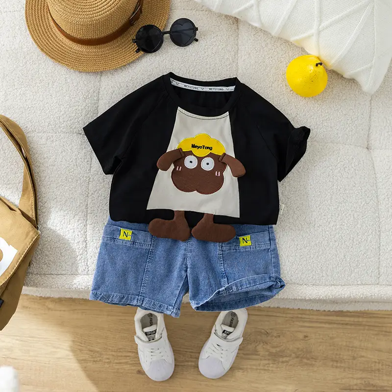 2024 Boys Cotton T-Shirt Suit Green Denim Shorts Korean Cartoon - Image 2