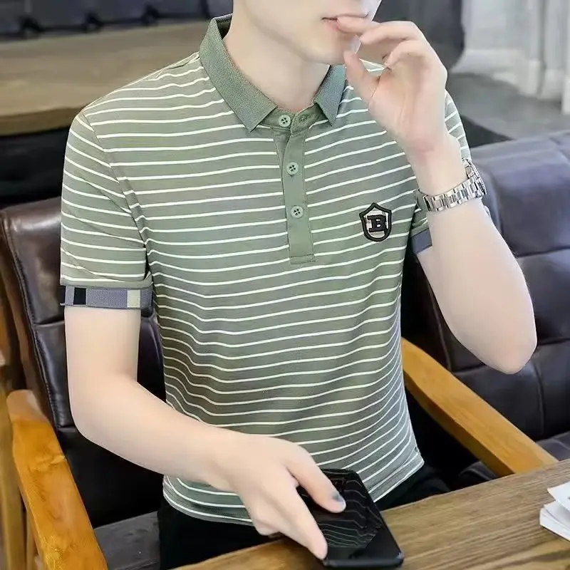 Men Striped Polo T-Shirt Green White Short Sleeve Summer Casual - Image 4