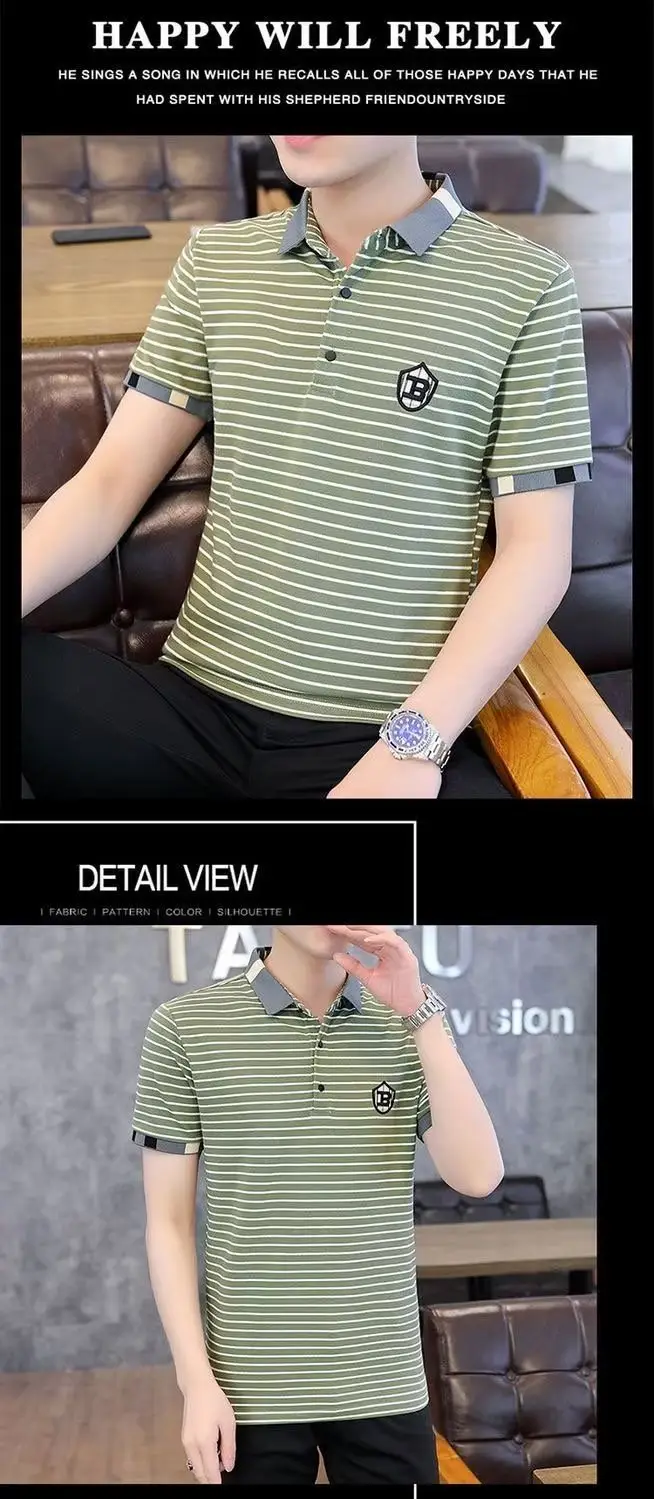 Men Striped Polo T-Shirt Green White Short Sleeve Summer Casual — feature 10