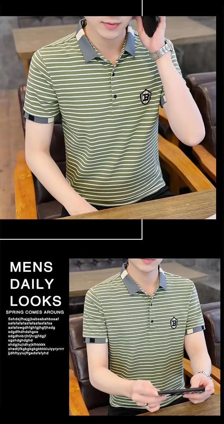 Men Striped Polo T-Shirt Green White Short Sleeve Summer Casual — feature 11