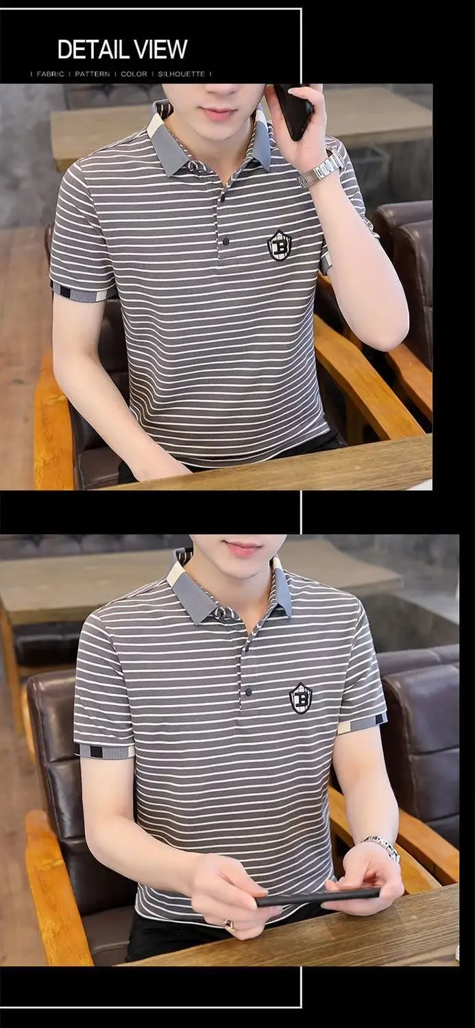 Men Striped Polo T-Shirt Green White Short Sleeve Summer Casual — feature 13