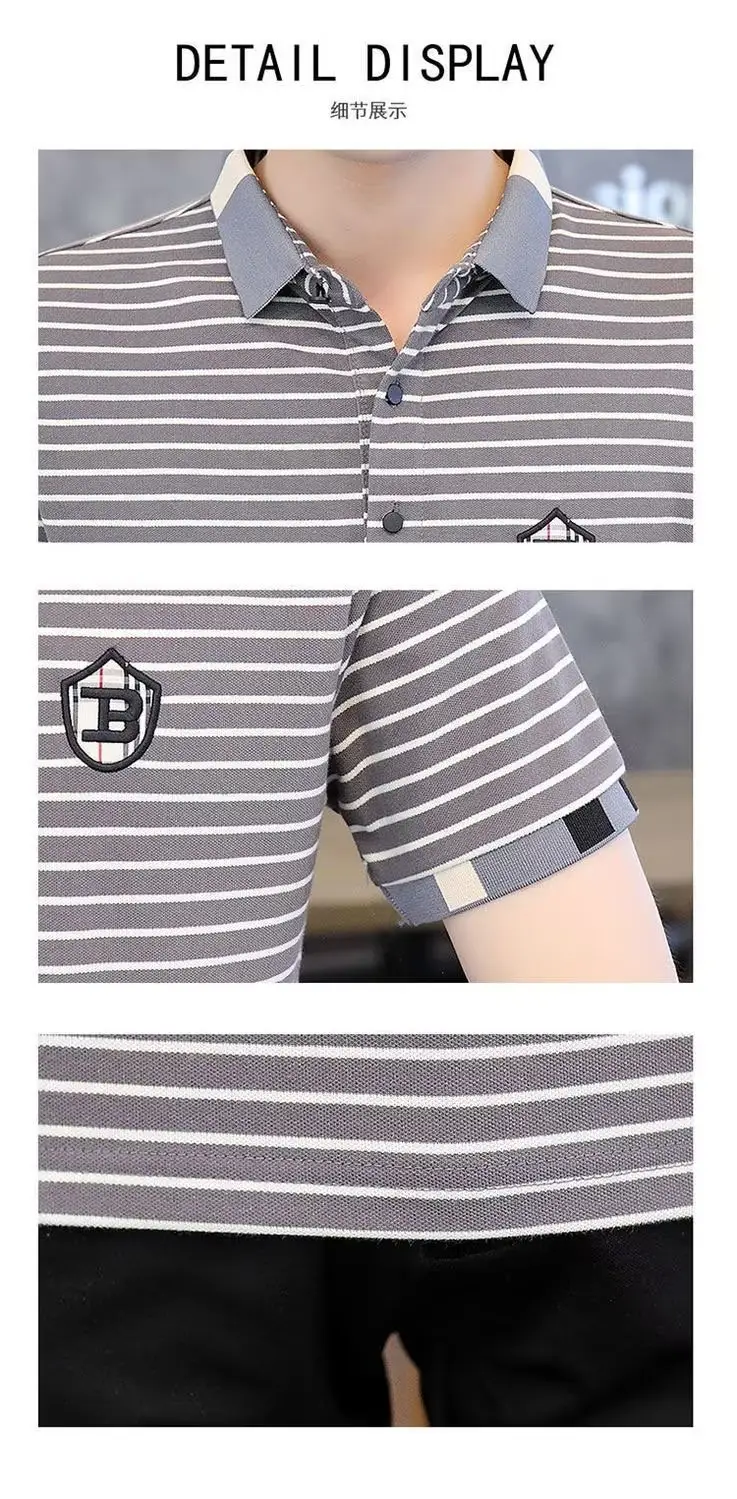 Men Striped Polo T-Shirt Green White Short Sleeve Summer Casual — feature 15