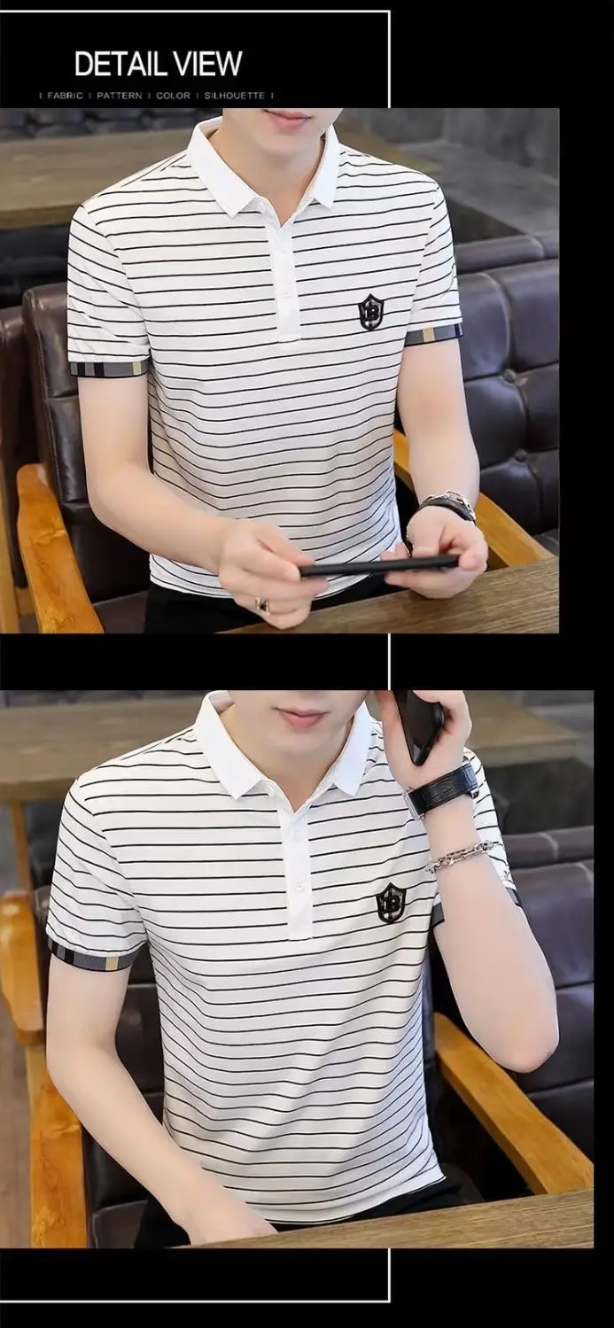 Men Striped Polo T-Shirt Green White Short Sleeve Summer Casual — feature 4