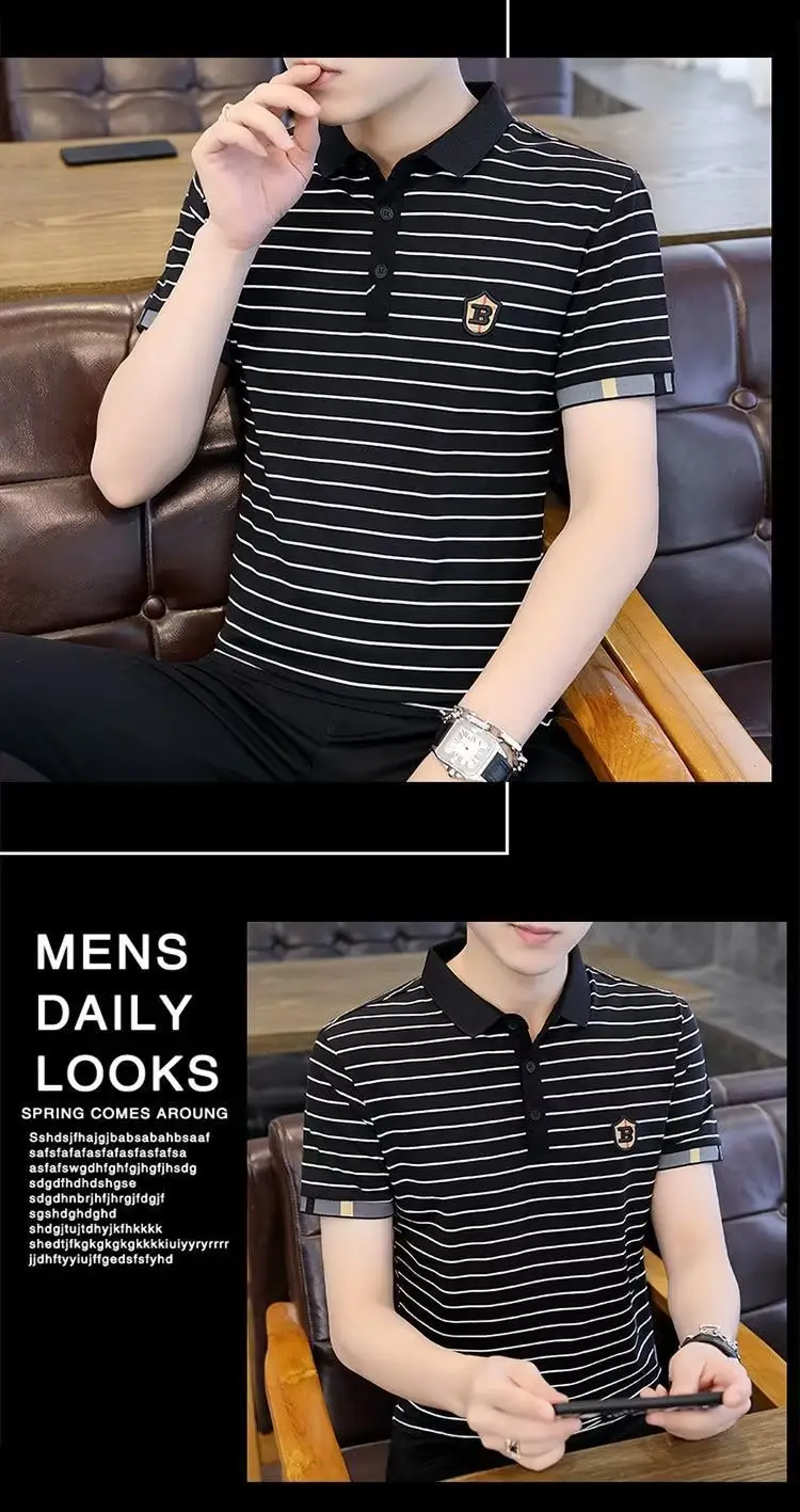Men Striped Polo T-Shirt Green White Short Sleeve Summer Casual — feature 7