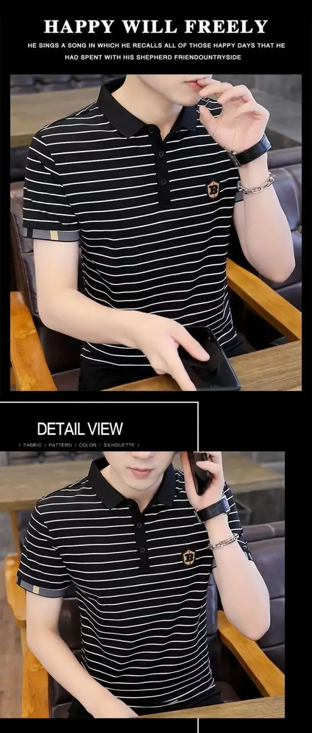 Men Striped Polo T-Shirt Green White Short Sleeve Summer Casual — feature 8