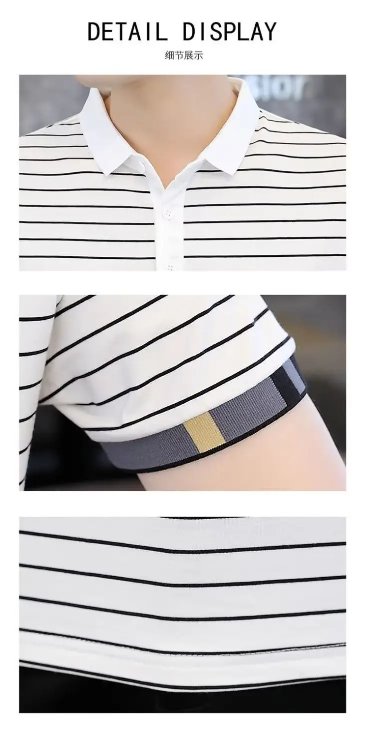 Men Striped Polo T-Shirt Green White Short Sleeve Summer Casual — feature 9