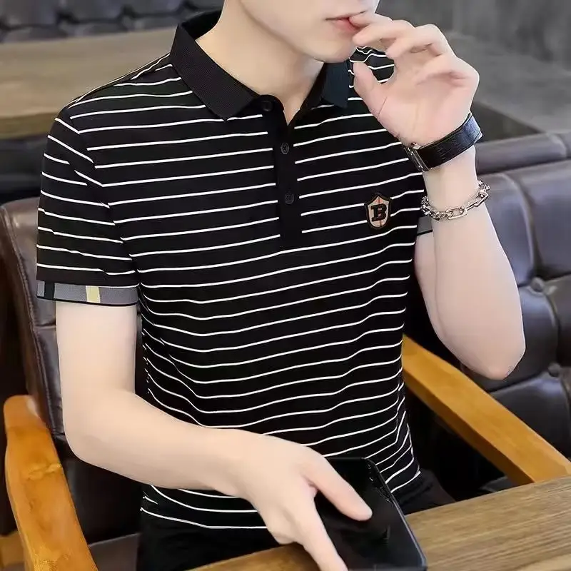 Men Striped Polo T-Shirt Green White Short Sleeve Summer Casual - Image 2