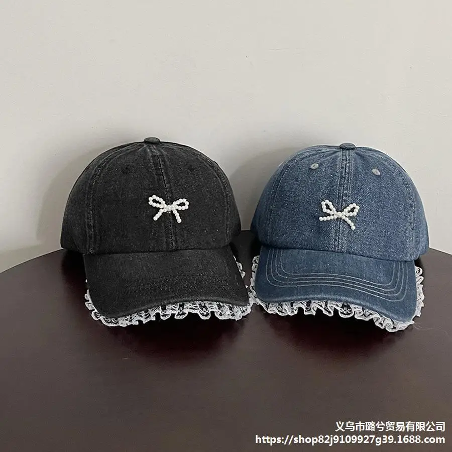 Women's Pearl Bow Denim Baseball Cap - Image 4