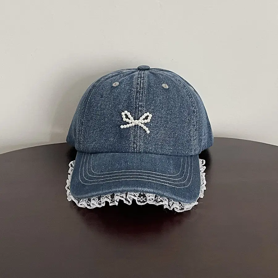 Women's Pearl Bow Denim Baseball Cap - Image 2