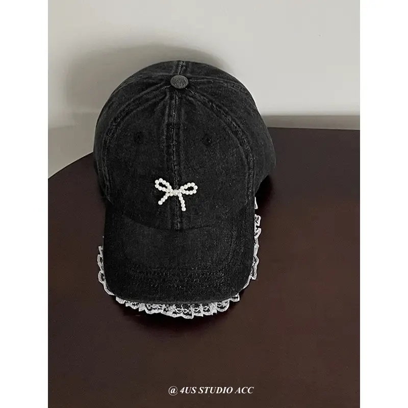 Women's Pearl Bow Denim Baseball Cap - Image 3