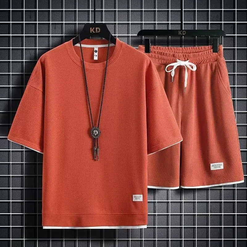 Men's Orange Waffle Shorts Set with T-Shirt - Image 9