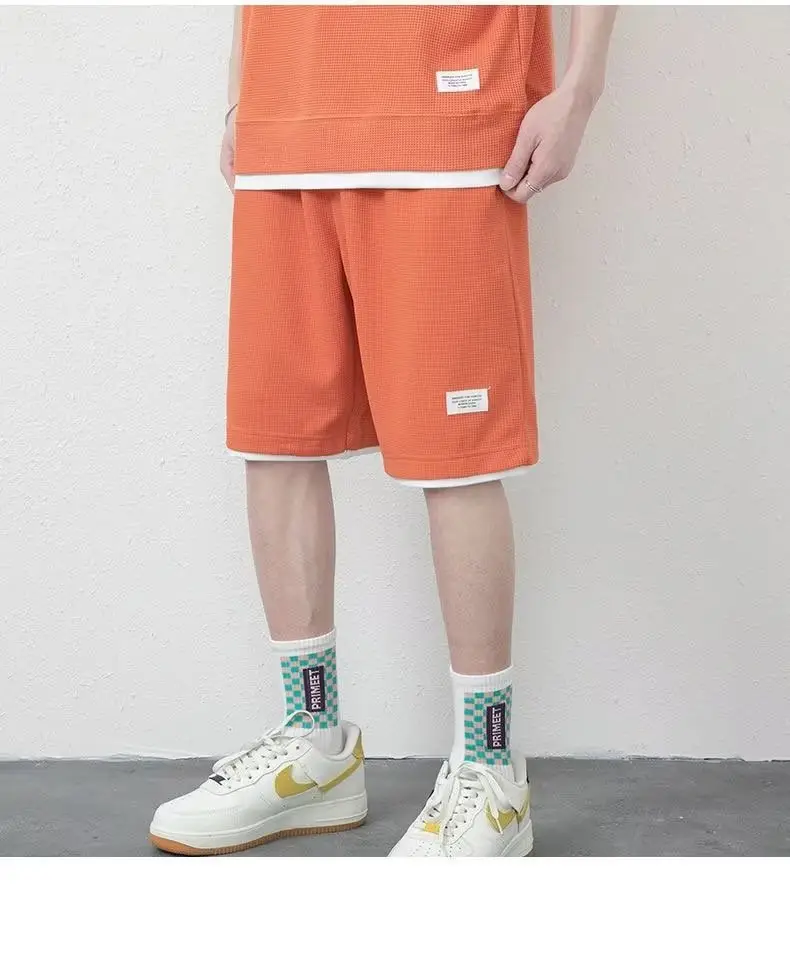 Men's Orange Waffle Shorts Set with T-Shirt — feature 18
