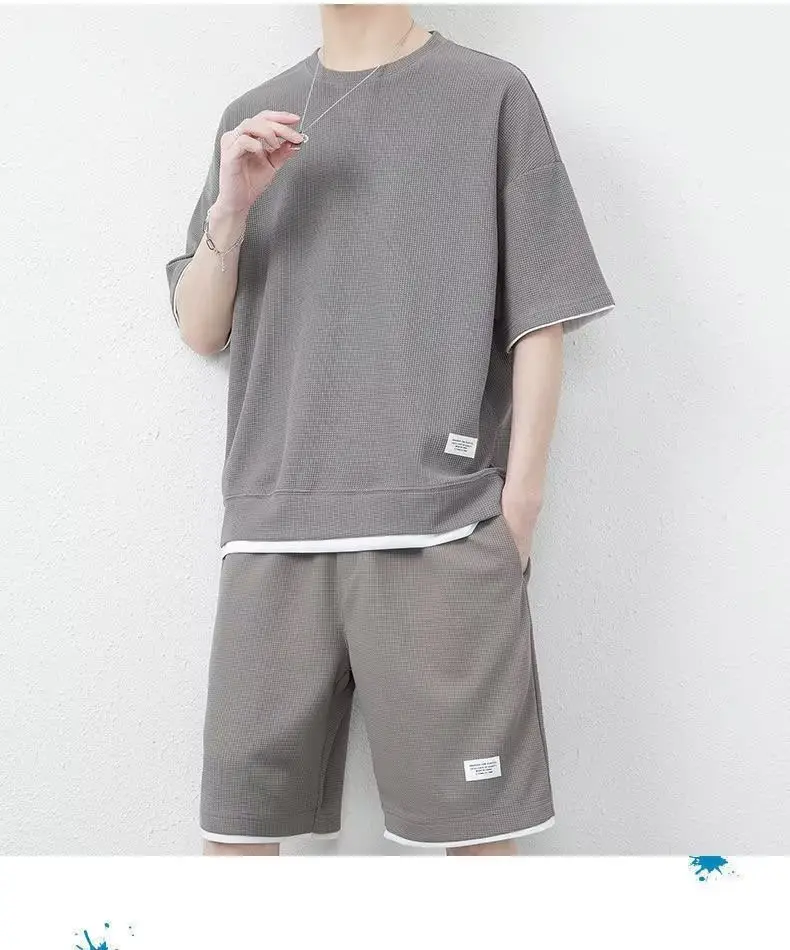 Men's Orange Waffle Shorts Set with T-Shirt — feature 22