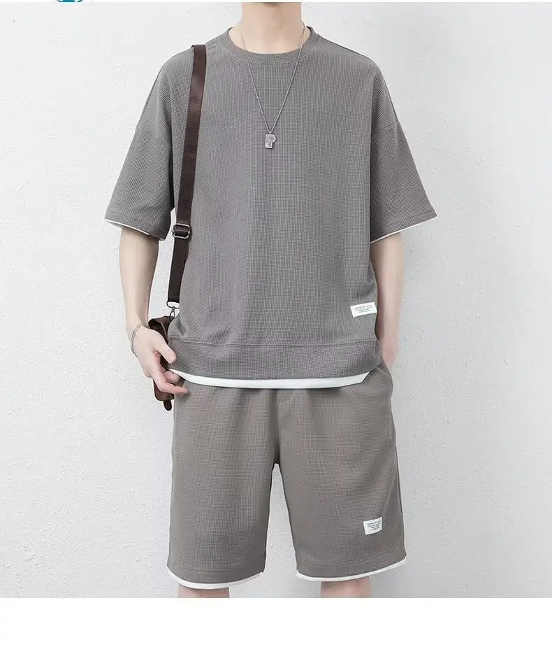 Men's Orange Waffle Shorts Set with T-Shirt — feature 23