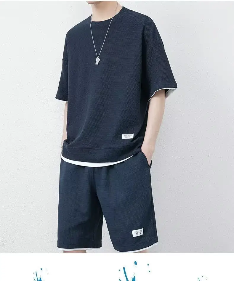 Men's Orange Waffle Shorts Set with T-Shirt — feature 25