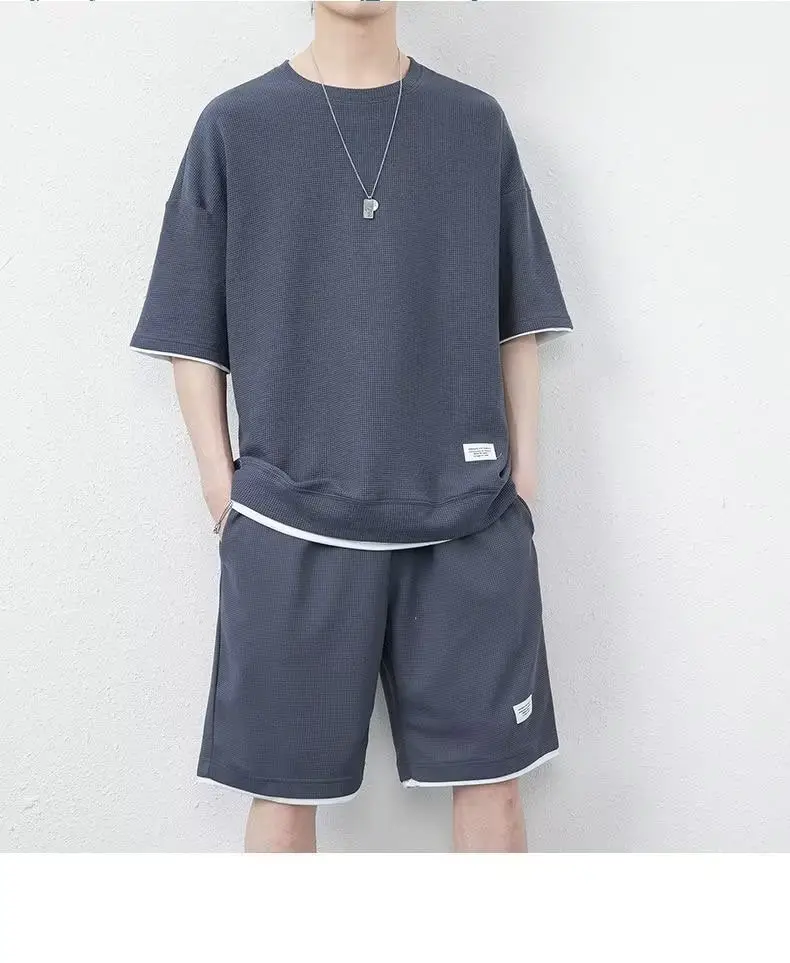 Men's Orange Waffle Shorts Set with T-Shirt — feature 29