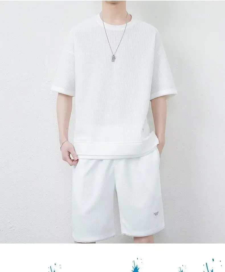 Men's Orange Waffle Shorts Set with T-Shirt — feature 31