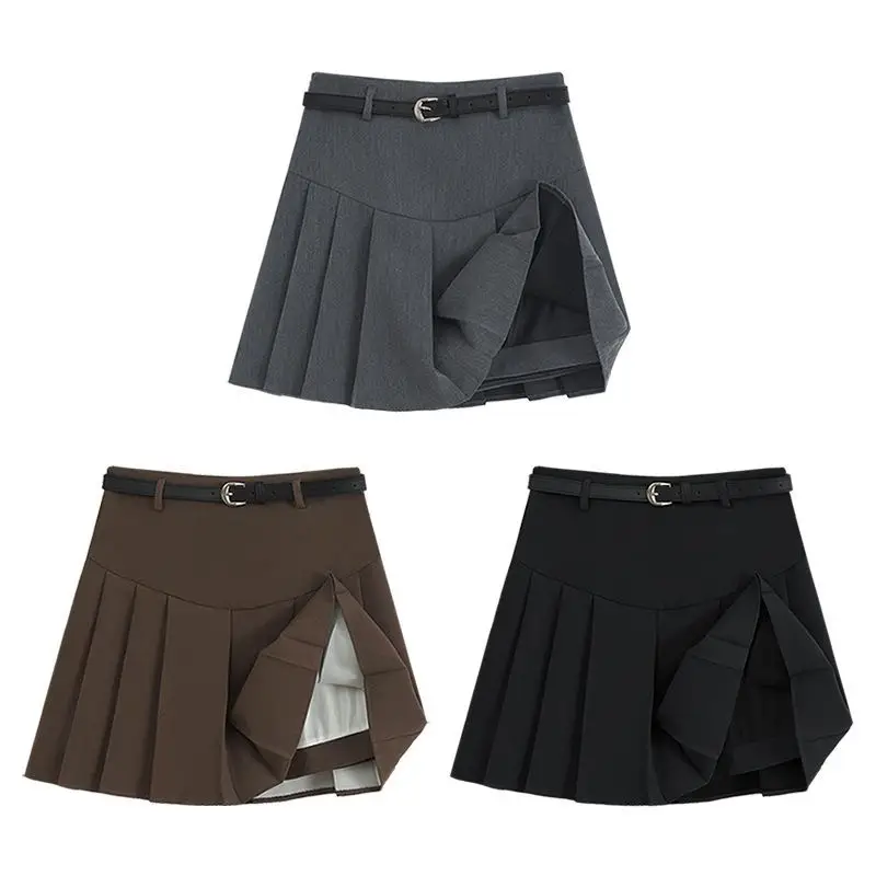 Women's Belted Pleated Skirt Dark Grey 2023 - Image 8