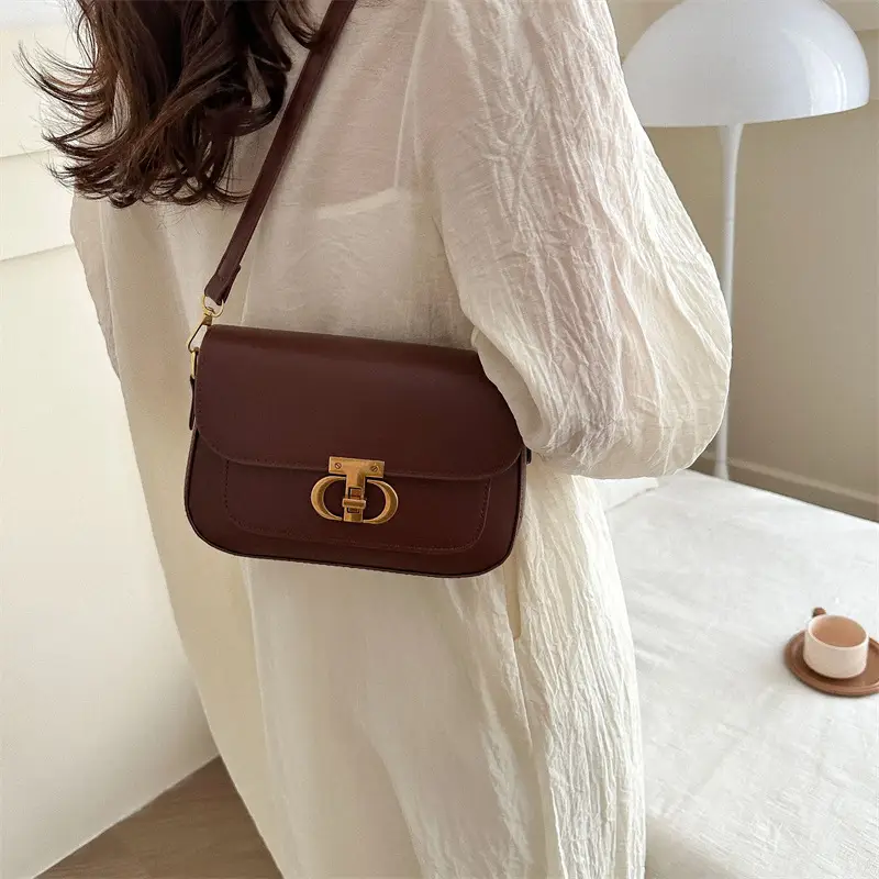 Korean Style Saddle Bag Women Brown Gold Logo - Image 9