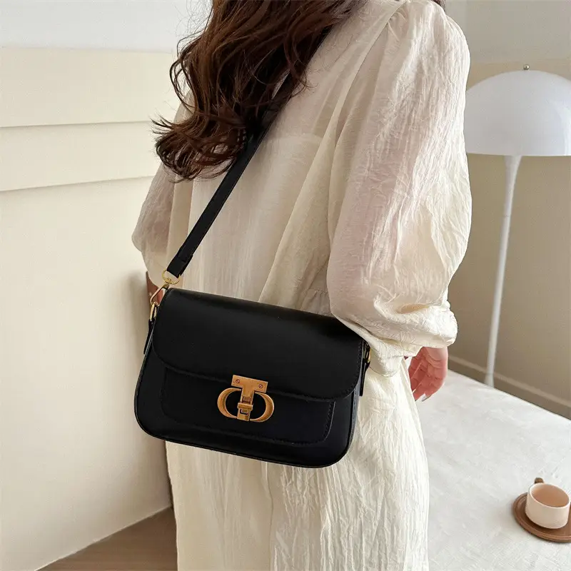 Korean Style Saddle Bag Women Brown Gold Logo - Image 10