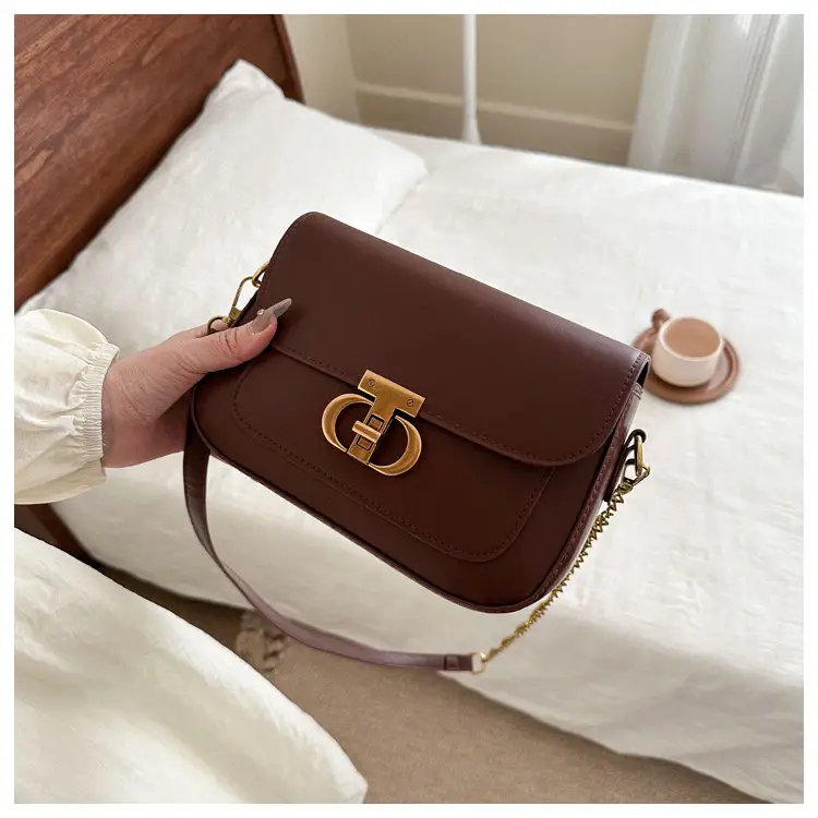 Korean Style Saddle Bag Women Brown Gold Logo — feature 17