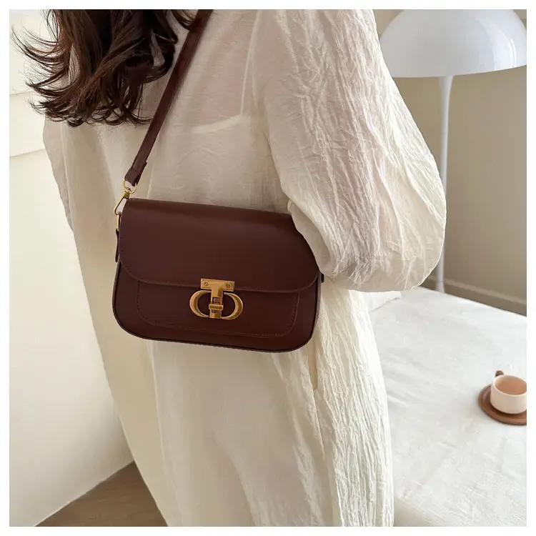 Korean Style Saddle Bag Women Brown Gold Logo — feature 18