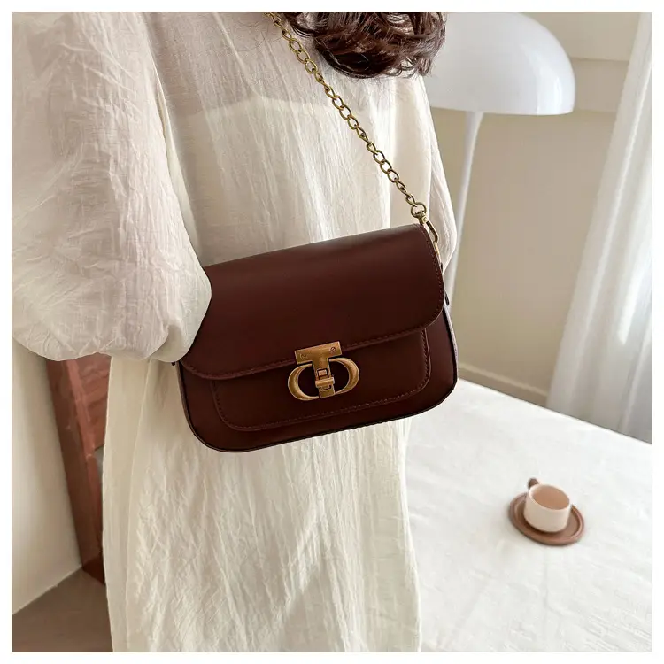 Korean Style Saddle Bag Women Brown Gold Logo — feature 19