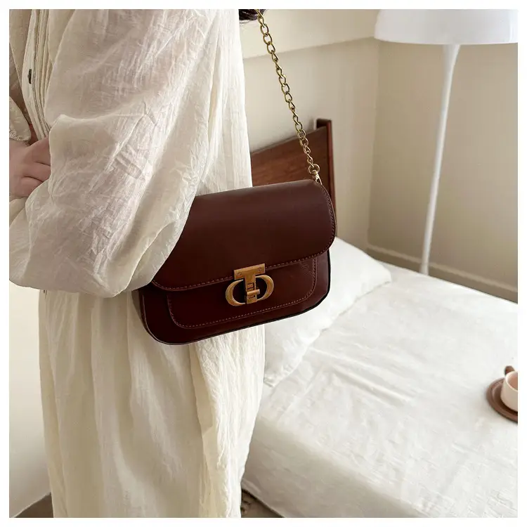 Korean Style Saddle Bag Women Brown Gold Logo — feature 20