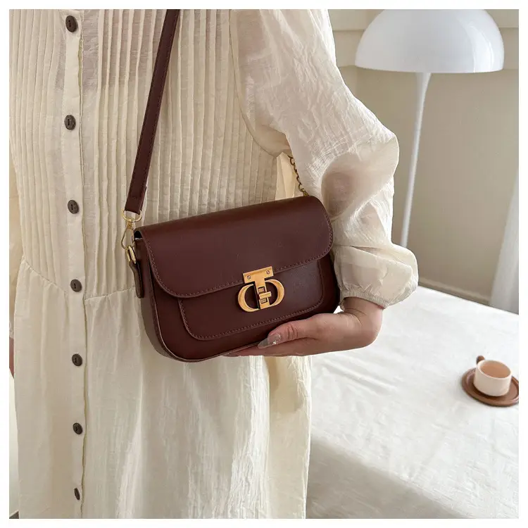 Korean Style Saddle Bag Women Brown Gold Logo — feature 21