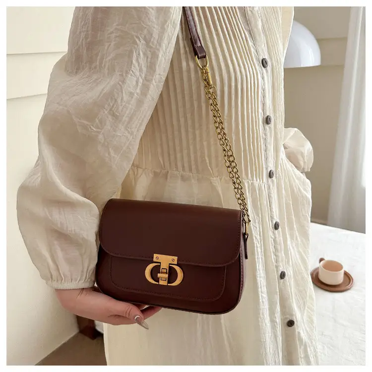 Korean Style Saddle Bag Women Brown Gold Logo — feature 22