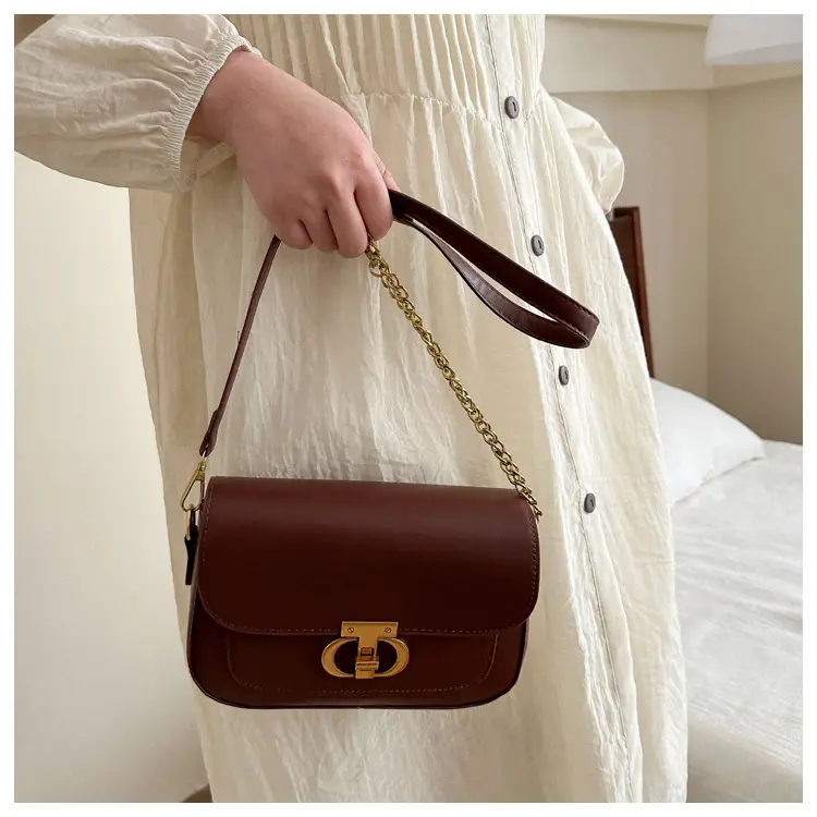 Korean Style Saddle Bag Women Brown Gold Logo — feature 23