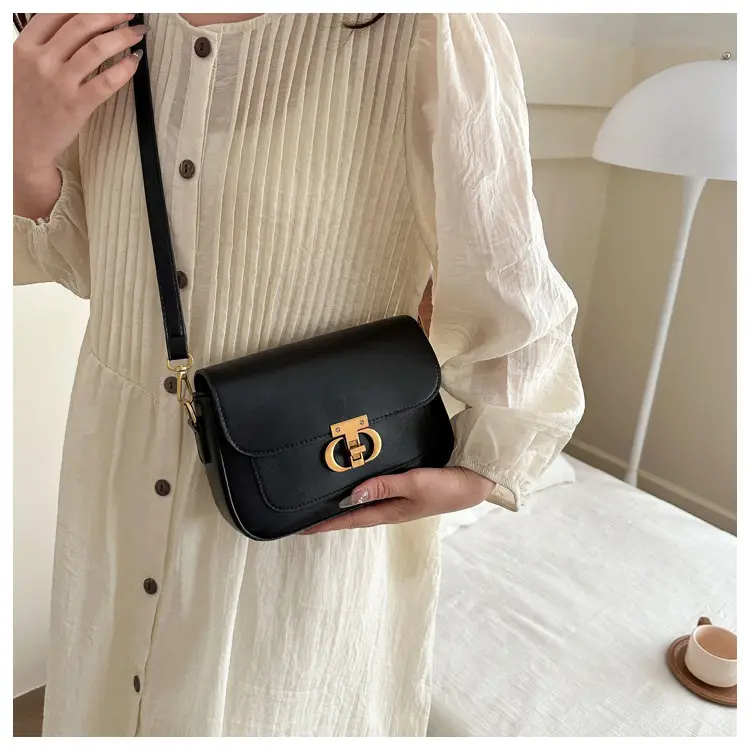 Korean Style Saddle Bag Women Brown Gold Logo — feature 25